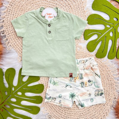  Conj. Camiseta com Bolsinho e Bermuda Praia - Verde e Off White